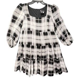 Maison Tara Plaid Tiered Dress Black White Lined Babydoll Back Zipper Short 4